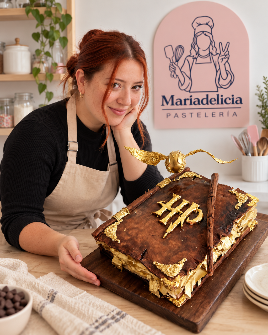 Ángela sonriendo junto a su pastel con forma de libro de Harry Potter con snitch dorada y varita