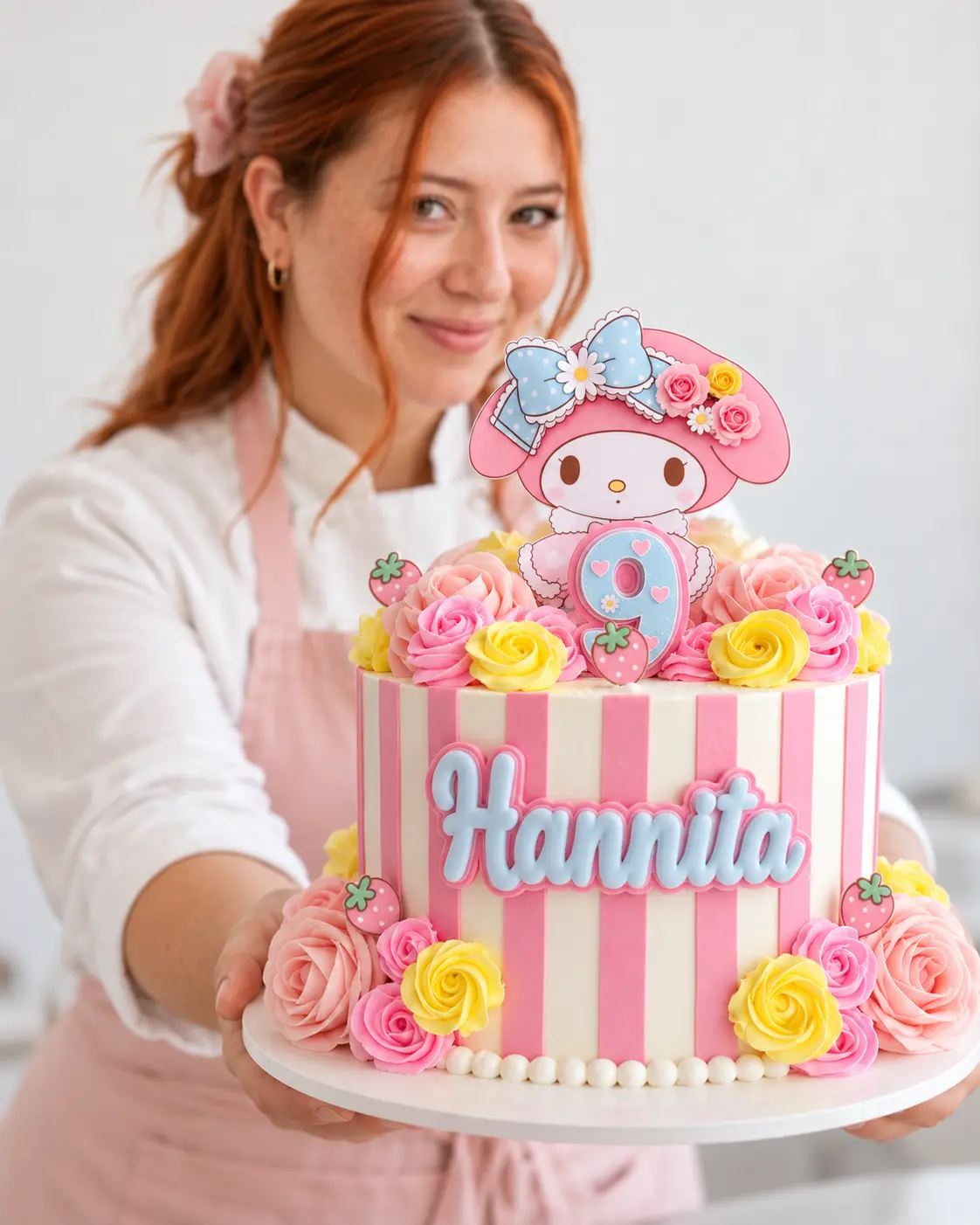 Ángela mostrando un pastel de rayas rosas con Hello Kitty, rosas y fresas