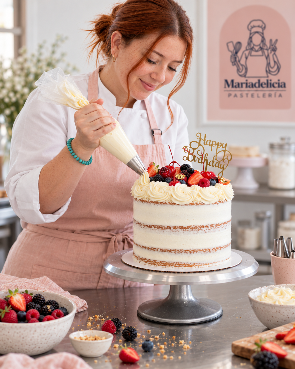 Ángela decorando con manga pastelera un pastel de crema coronado con fresas, arándanos y moras