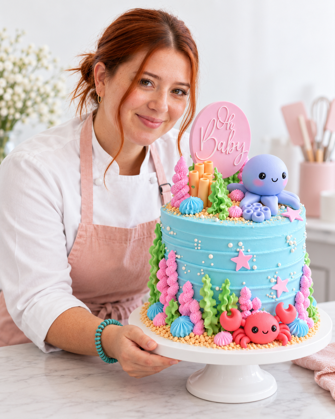 Ángela presentando un pastel azul de baby shower con pulpo, cangrejo y algas de colores