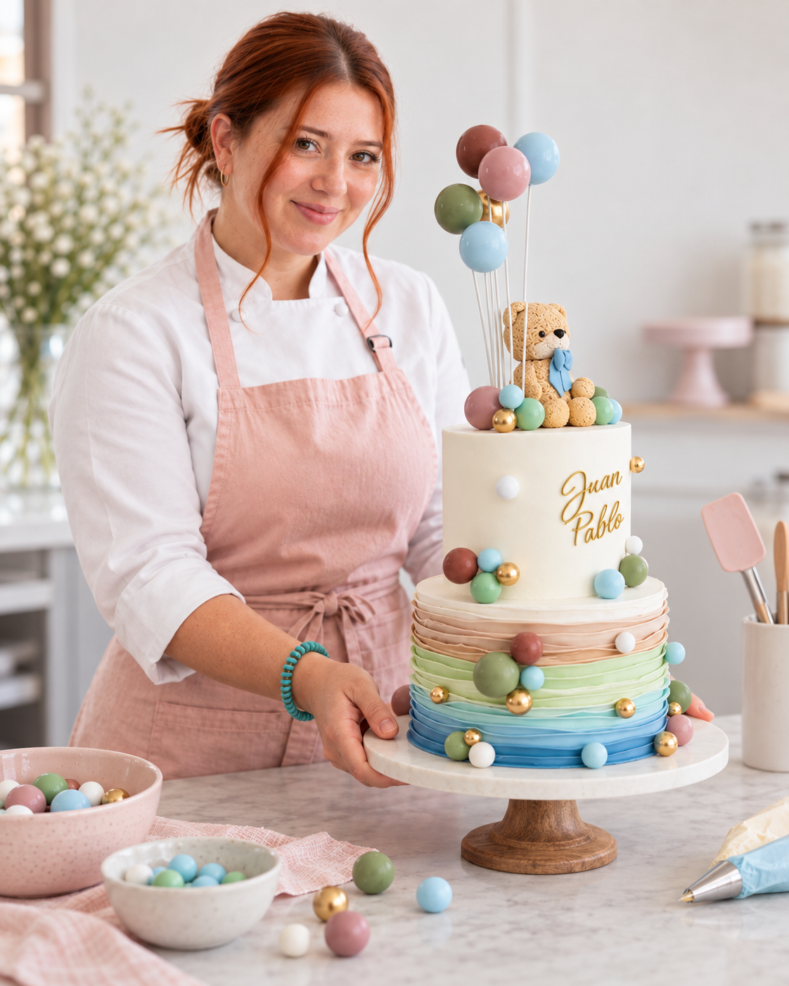Ángela junto a un pastel de dos pisos con osito, globos de colores y el nombre Juan Pablo