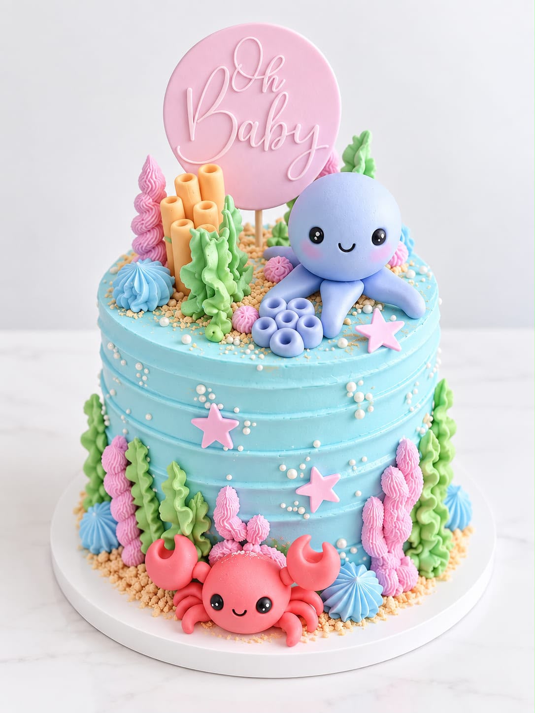 Pastel azul de baby shower con pulpo, cangrejo y algas en crema de colores pastel