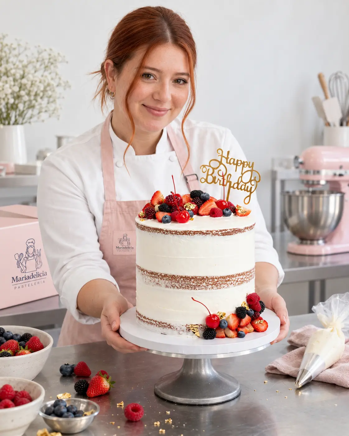 Ángela sosteniendo un pastel estilo naked cake con frutos rojos y topper dorado de cumpleaños