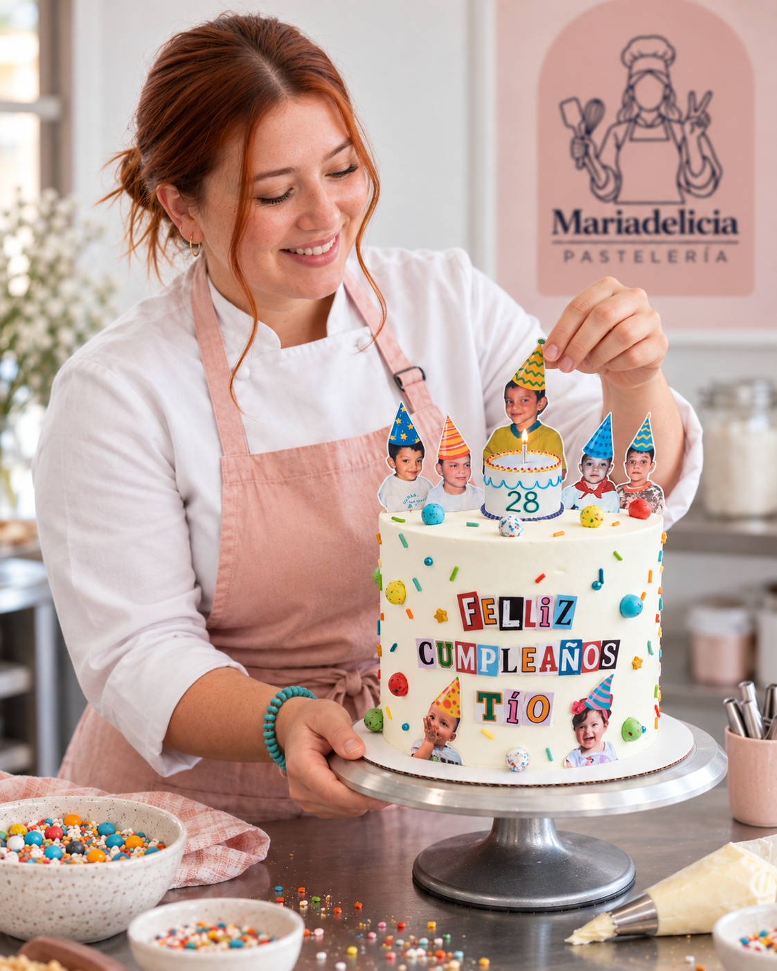 Ángela decorando un pastel de cumpleaños con fotos comestibles y letras de colores