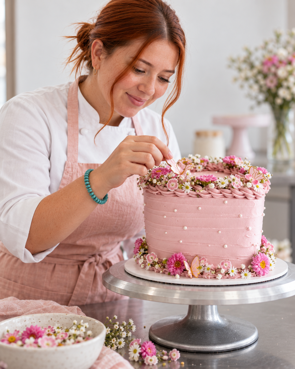 Ángela colocando una mariposa en un pastel rosa decorado con flores naturales