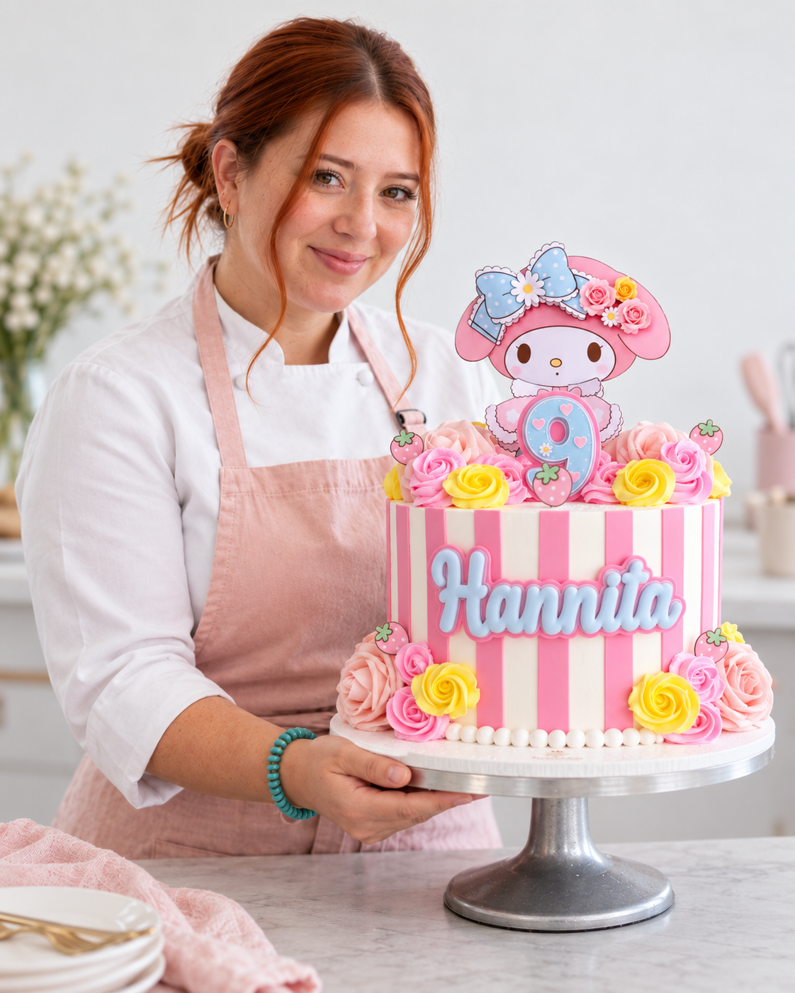 Ángela sosteniendo un pastel de rayas rosas con Hello Kitty y el nombre Hannita