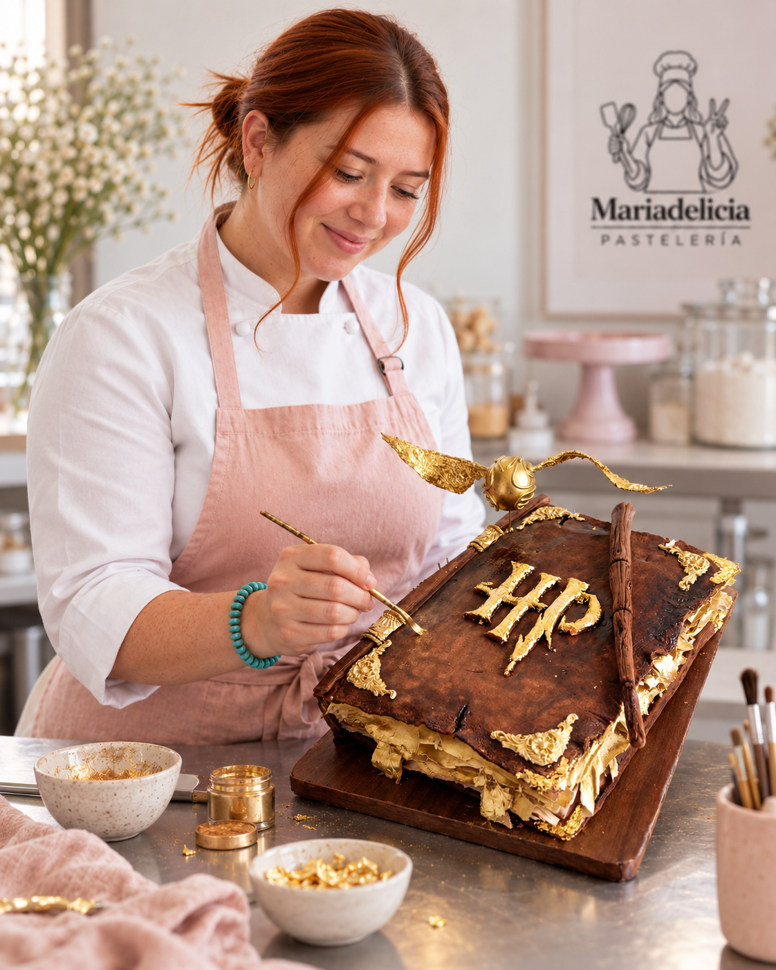 Ángela pintando con dorado un pastel con forma de libro de hechizos de Harry Potter y snitch voladora