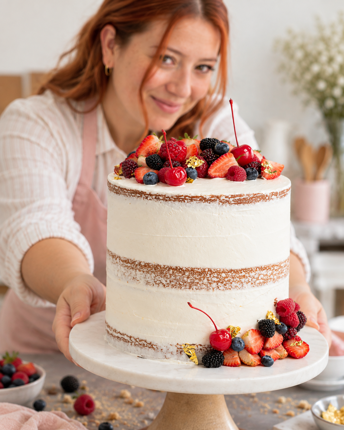 Naked cake de tres capas con frutos rojos frescos y pan de oro, sostenido por Ángela