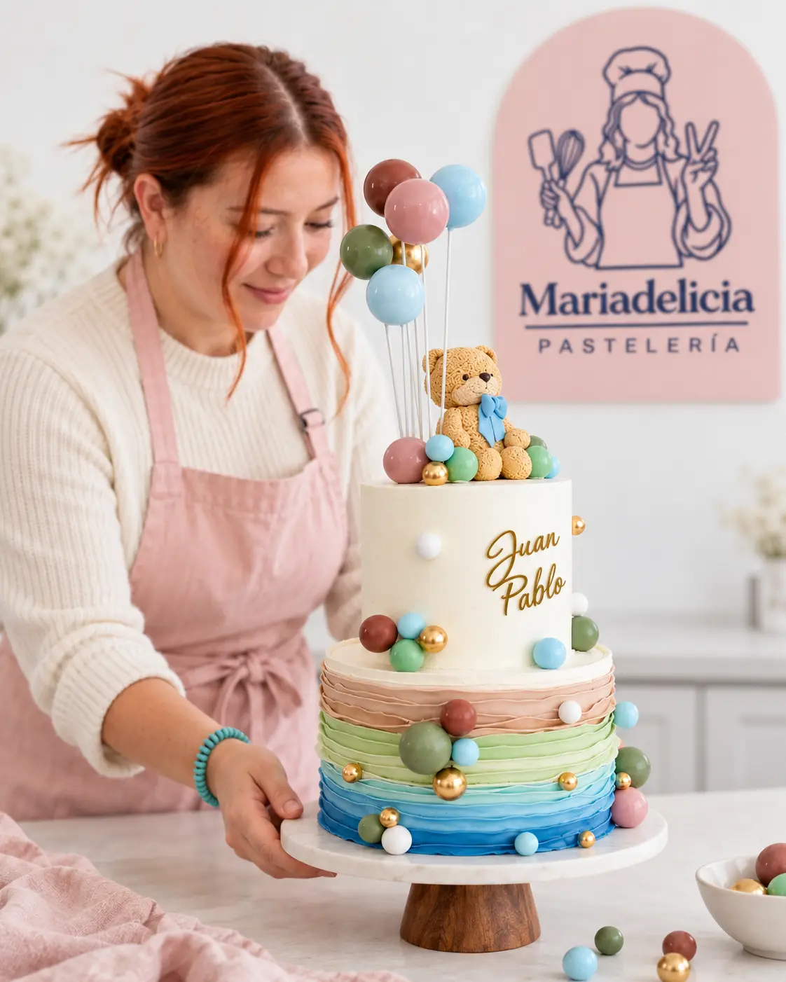 Ángela acomodando un pastel de baby shower con osito de peluche y globos en tonos pastel