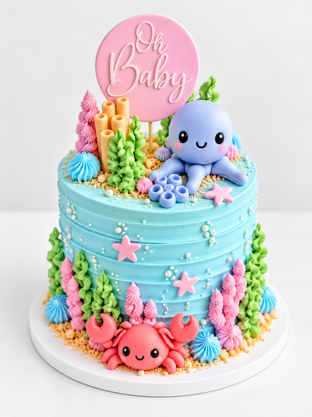 Pastel azul de baby shower con pulpo morado, cangrejo rosado y topper Oh Baby sobre arena de galleta