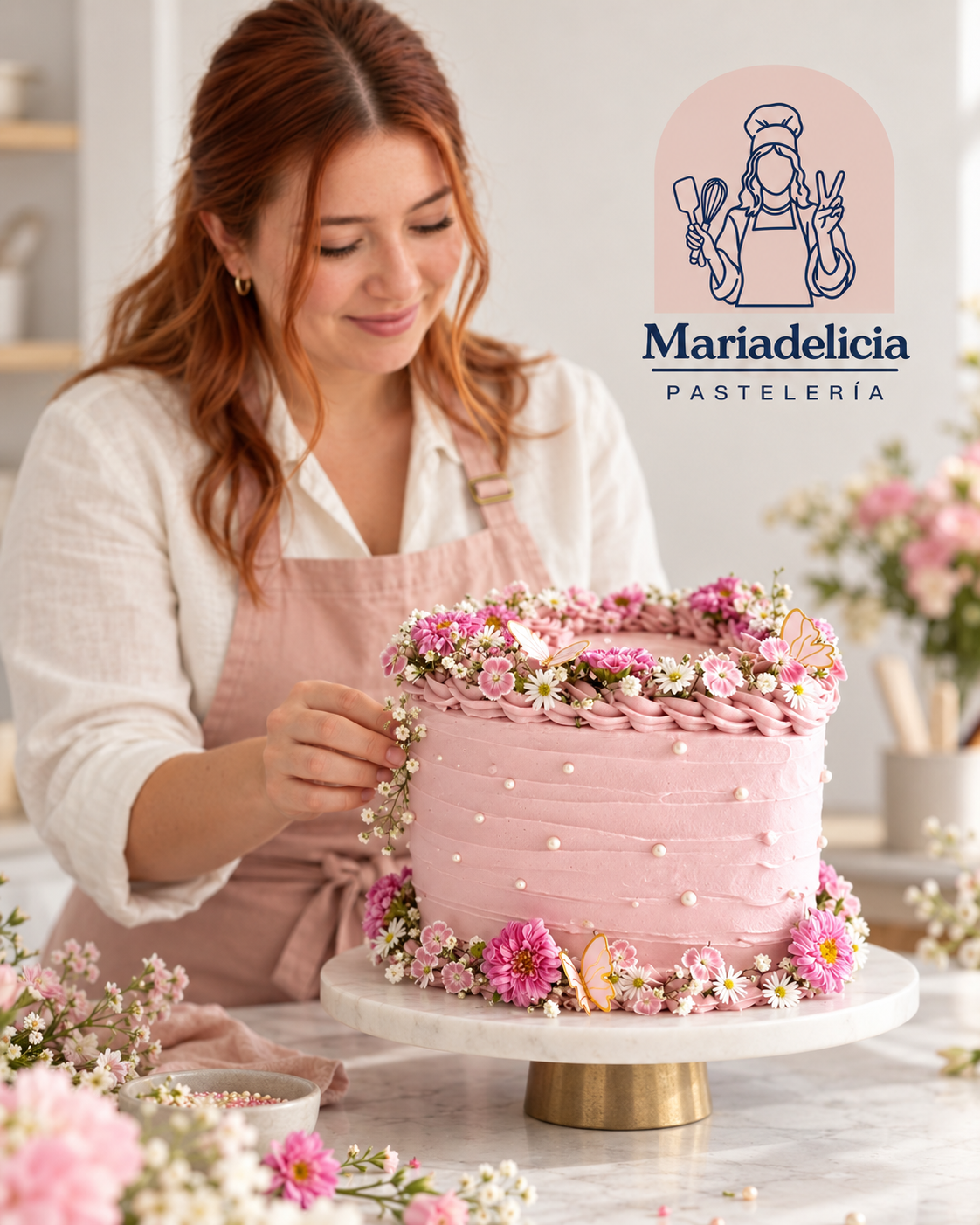 Ángela colocando flores y mariposas en un pastel rosa con textura de crestas y perlas
