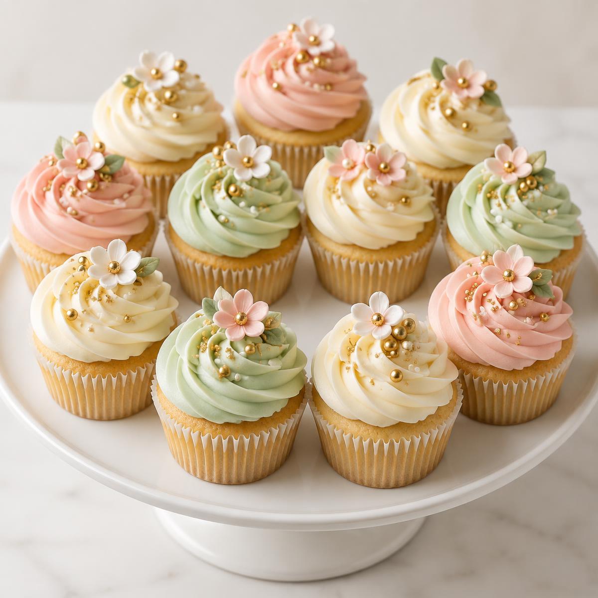 Cupcakes con crema en tonos rosa, crema y menta con flores de azúcar y perlas doradas