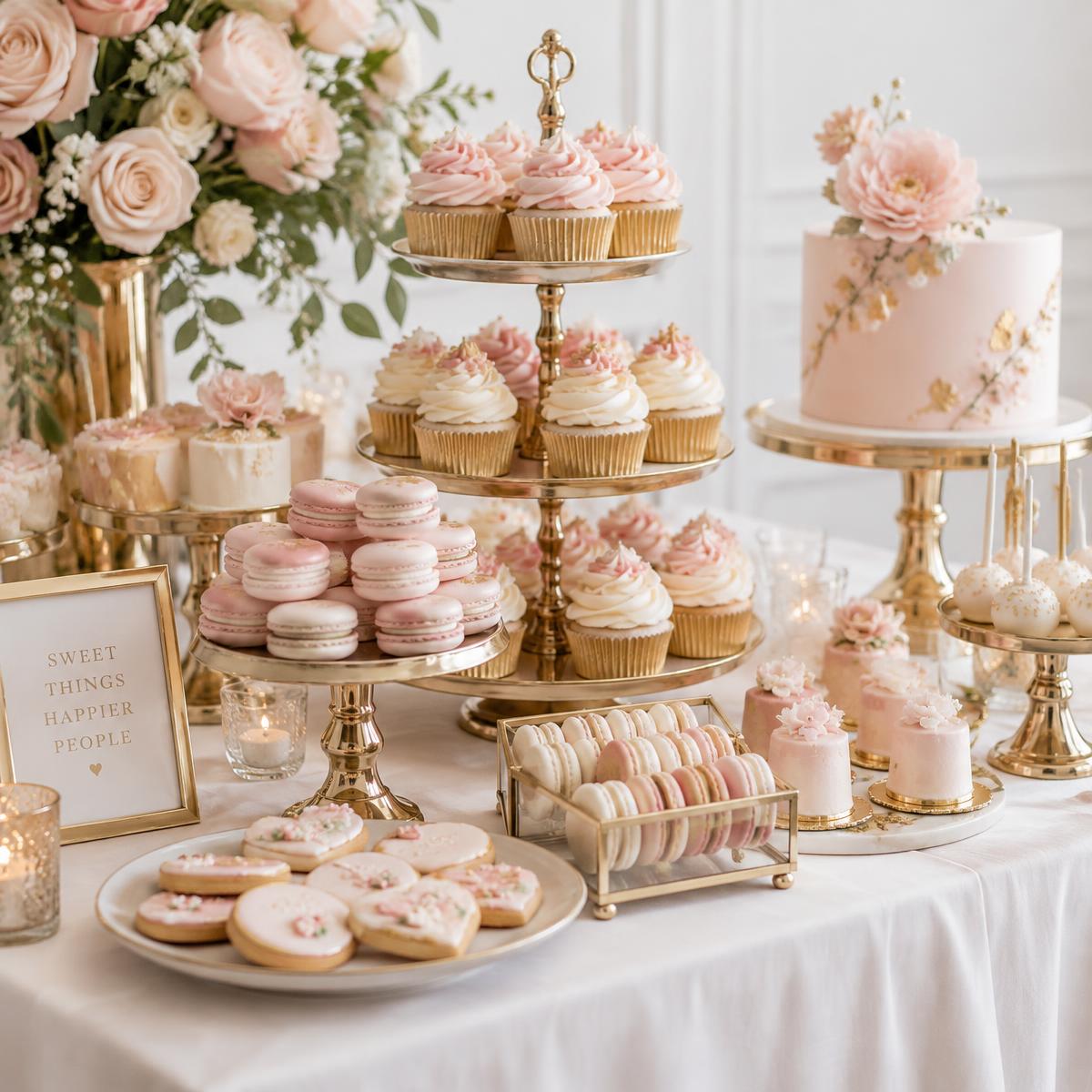 Mesa de postres con cupcakes, macarons, galletas y mini pasteles en tonos rosa y dorado