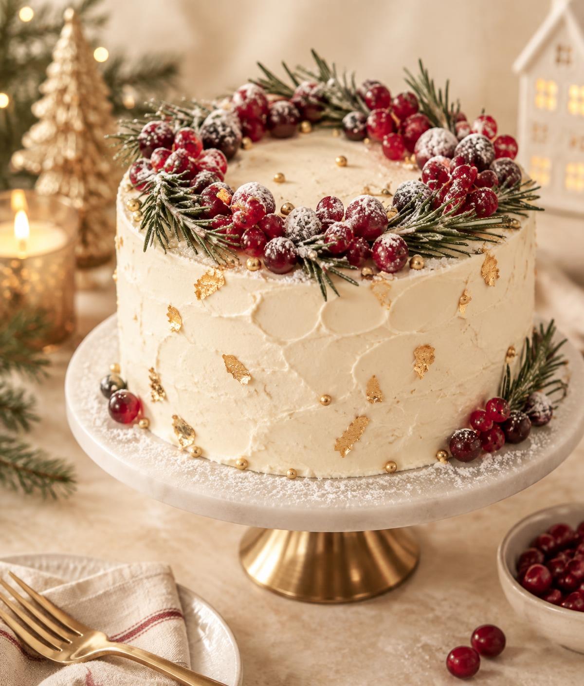 Pastel navideño con crema, frutos rojos escarchados, romero y detalles dorados